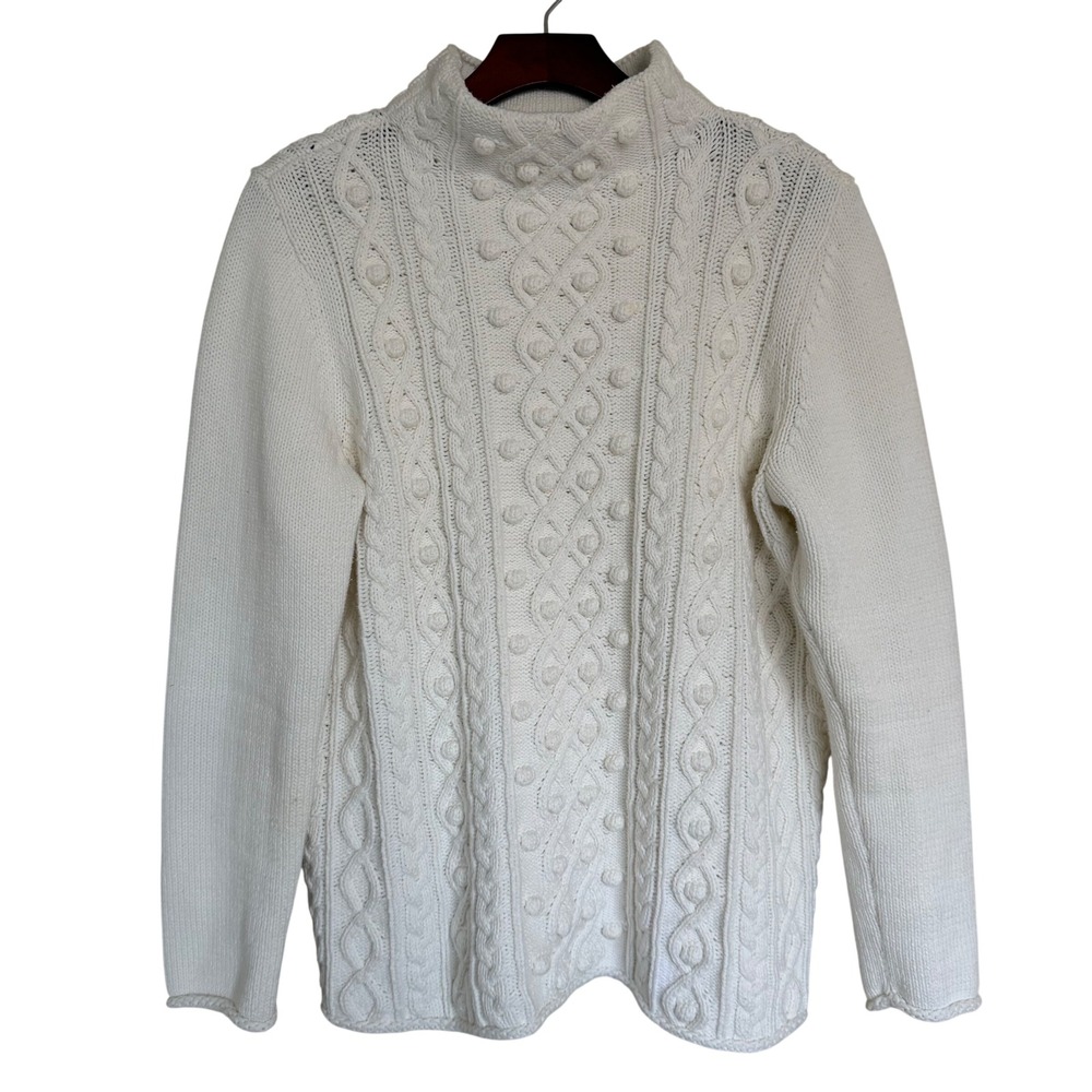 Talbots Cotton Mock Neck Cable Knit Fisherman Sweater L True White Chunky Knit